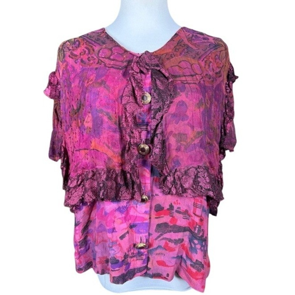URU Hand Dyed Rayon Lace Ruffle Capelet Top Pink Purple Abstract One Size USA